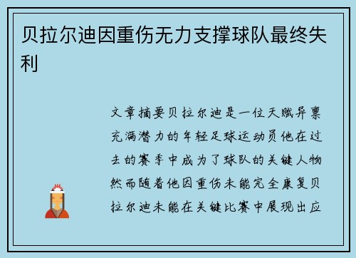 贝拉尔迪因重伤无力支撑球队最终失利