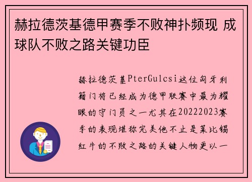 赫拉德茨基德甲赛季不败神扑频现 成球队不败之路关键功臣